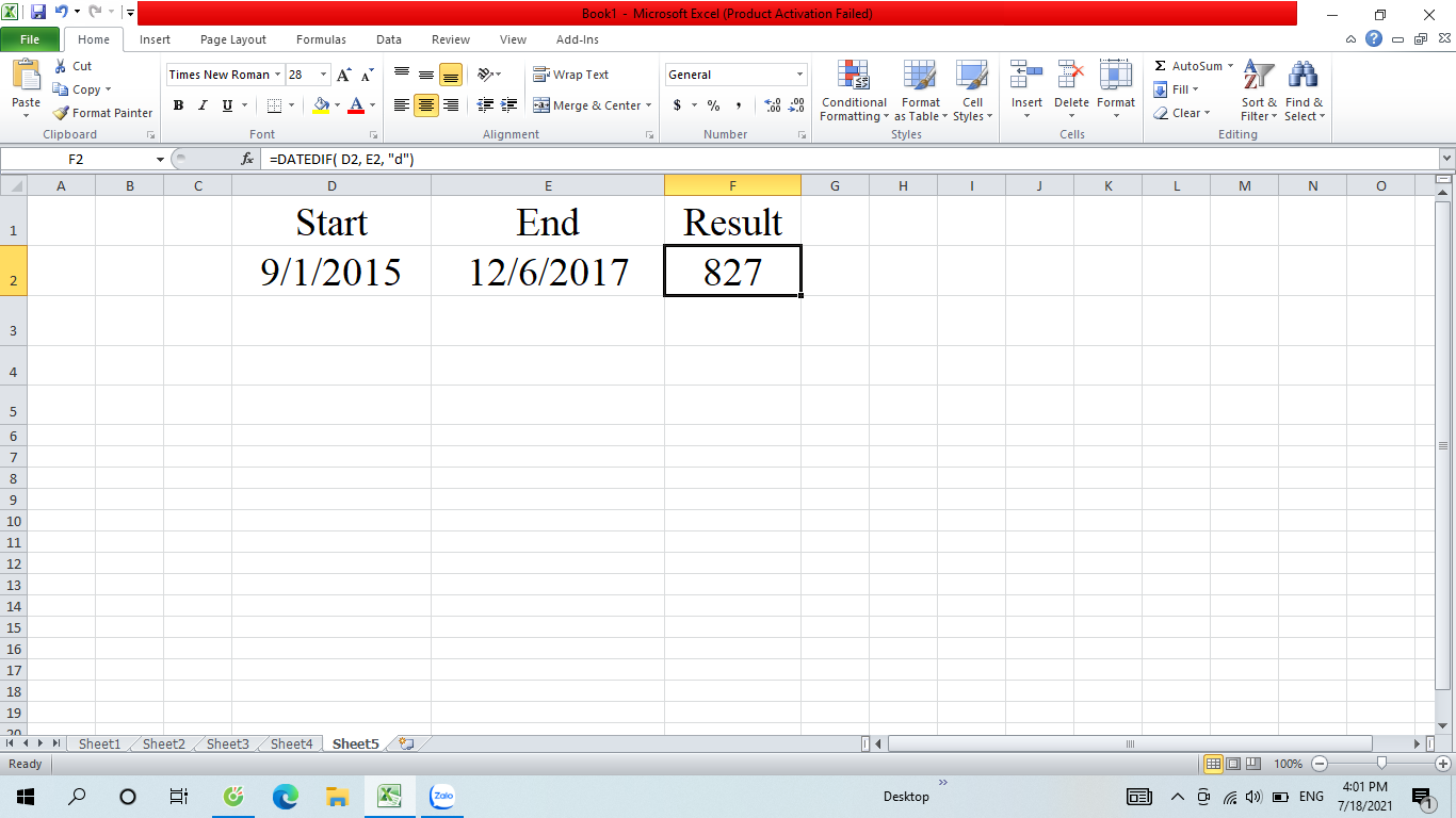 tính số ngày trong excel