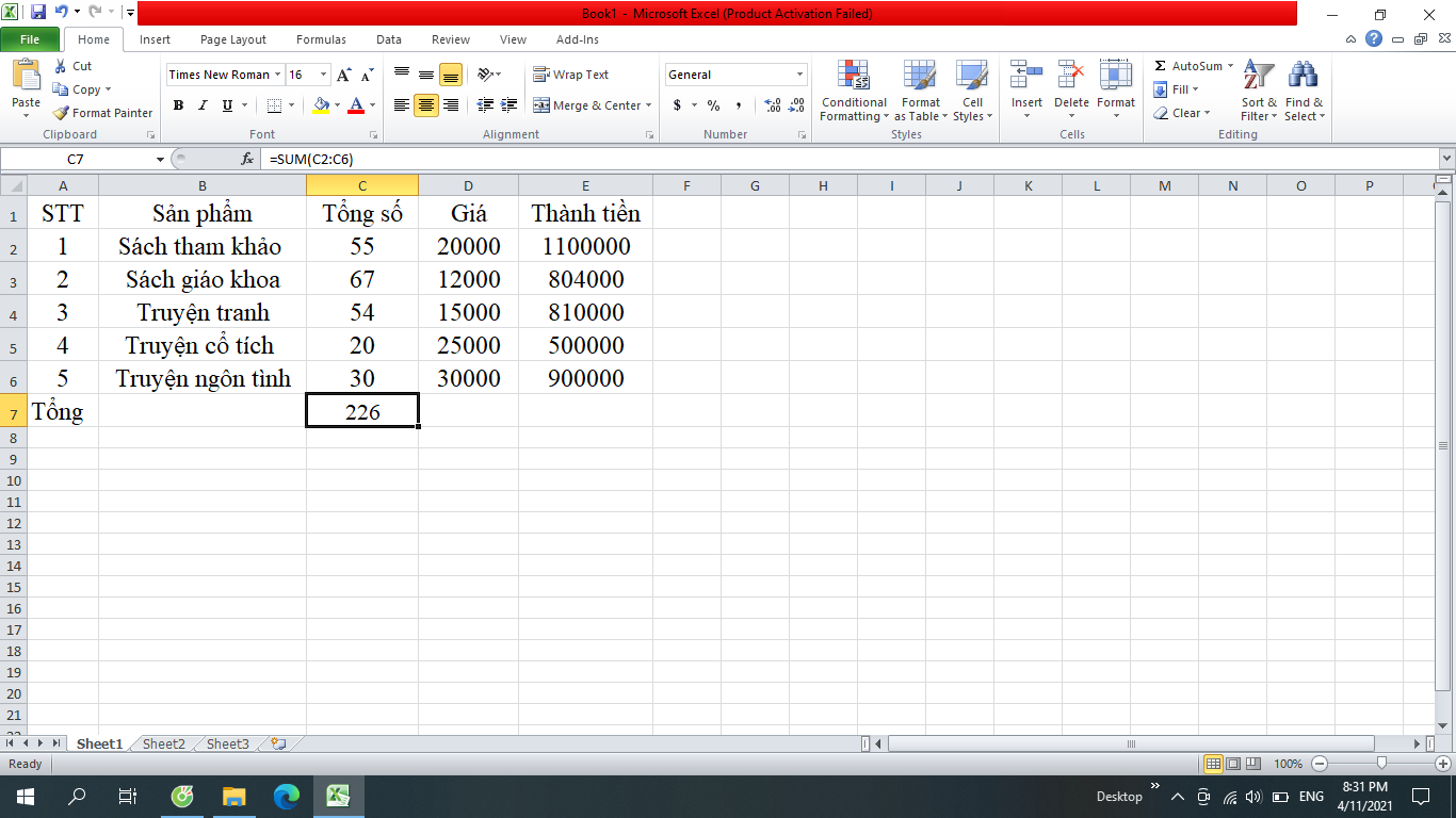 tính tổng trong excel