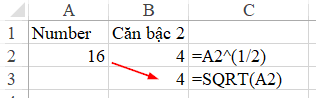 căn bậc 2 trong excel