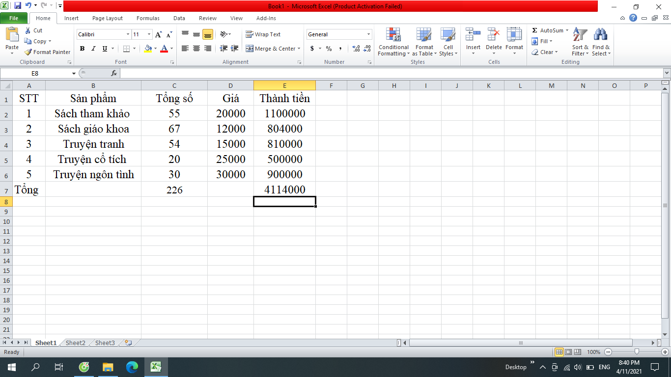 tính tổng trong excel