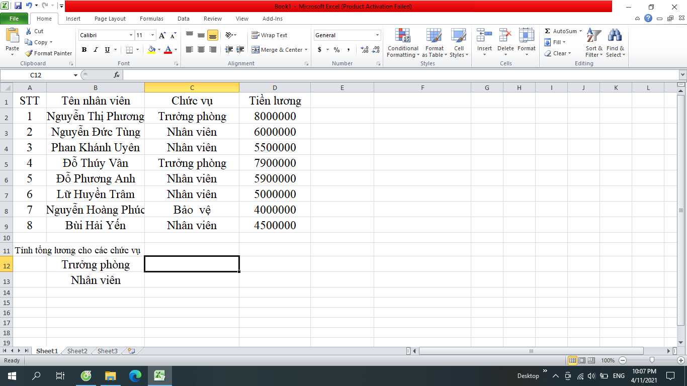 tính tổng trong excel