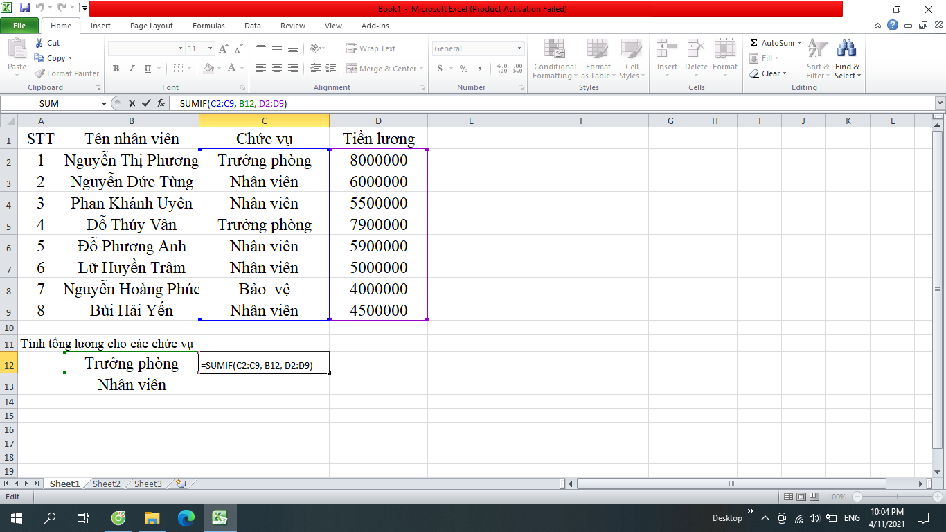 tính tổng trong excel