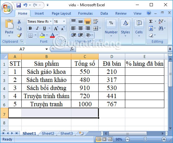 tính phần trăm trong excel