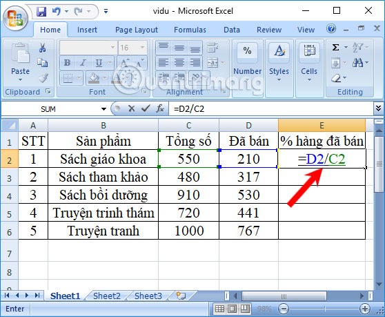 tính phần trăm trong excel