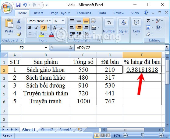 tính phần trăm trong excel