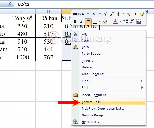 tính phần trăm trong excel