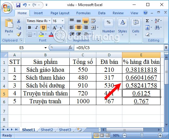 tính phần trăm trong excel