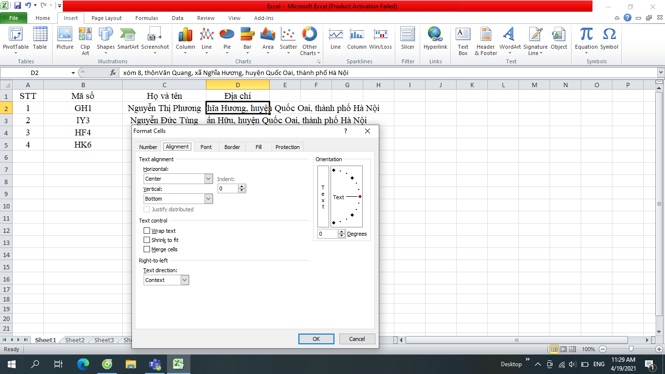 xuống dòng trong excel