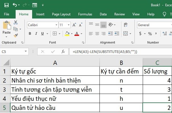 đếm số lần xuất hiện ký tự trong excel