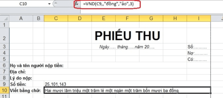 lập công thức số tiền bằng chữ trong excel