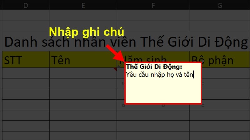 ghi chú trong excel