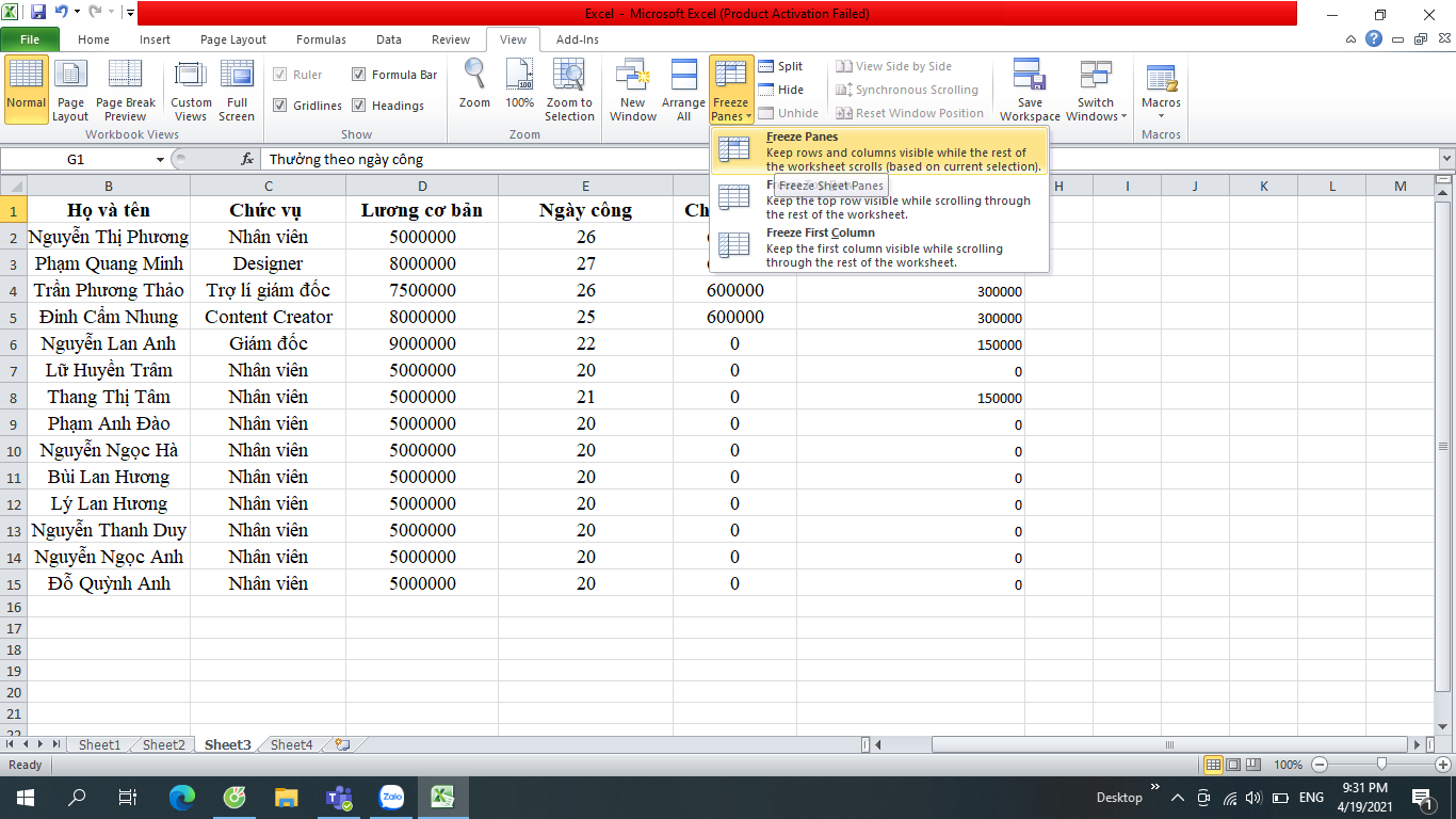 cố định dòng trong excel