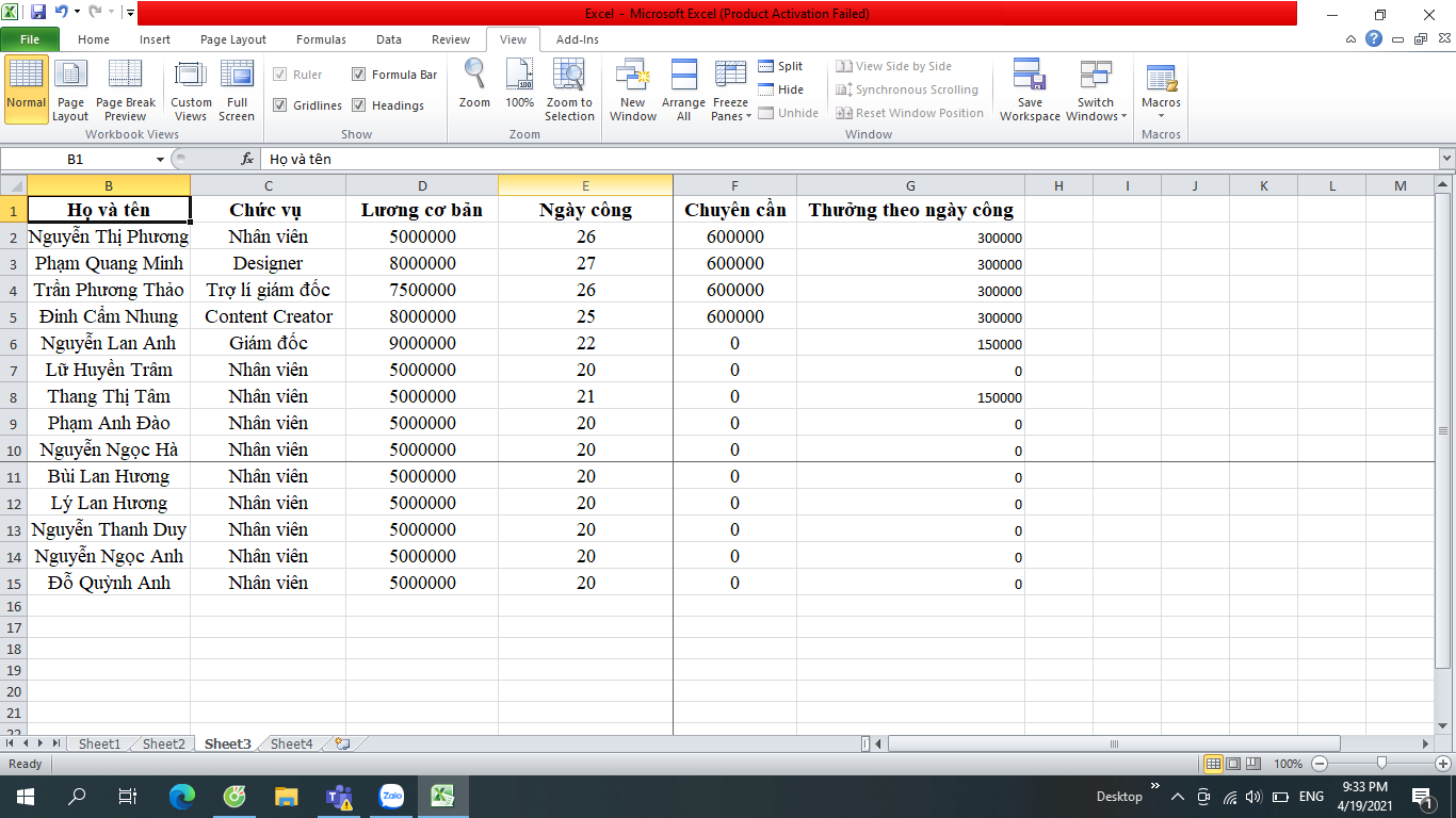 cố định dòng trong excel