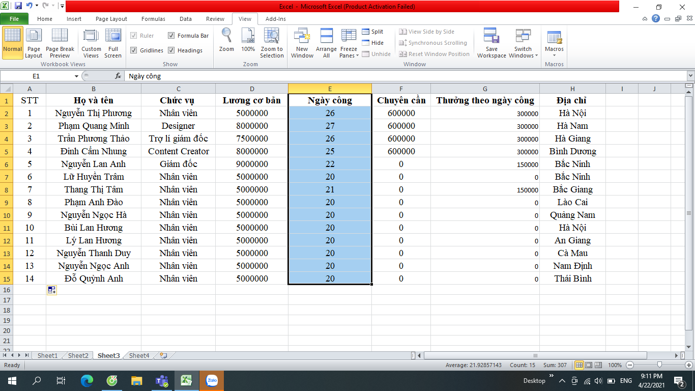 cố định cột trong Excel