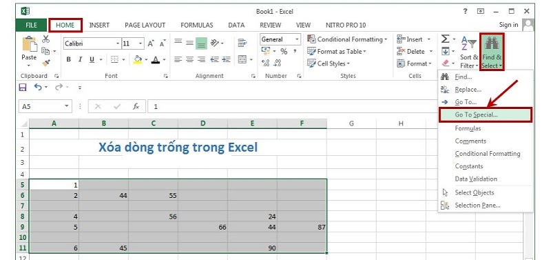 xóa dòng trắng trong excel