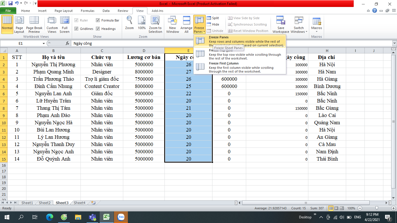 cố định cột trong Excel