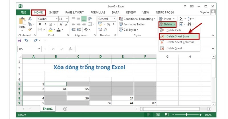 xóa dòng trắng trong excel