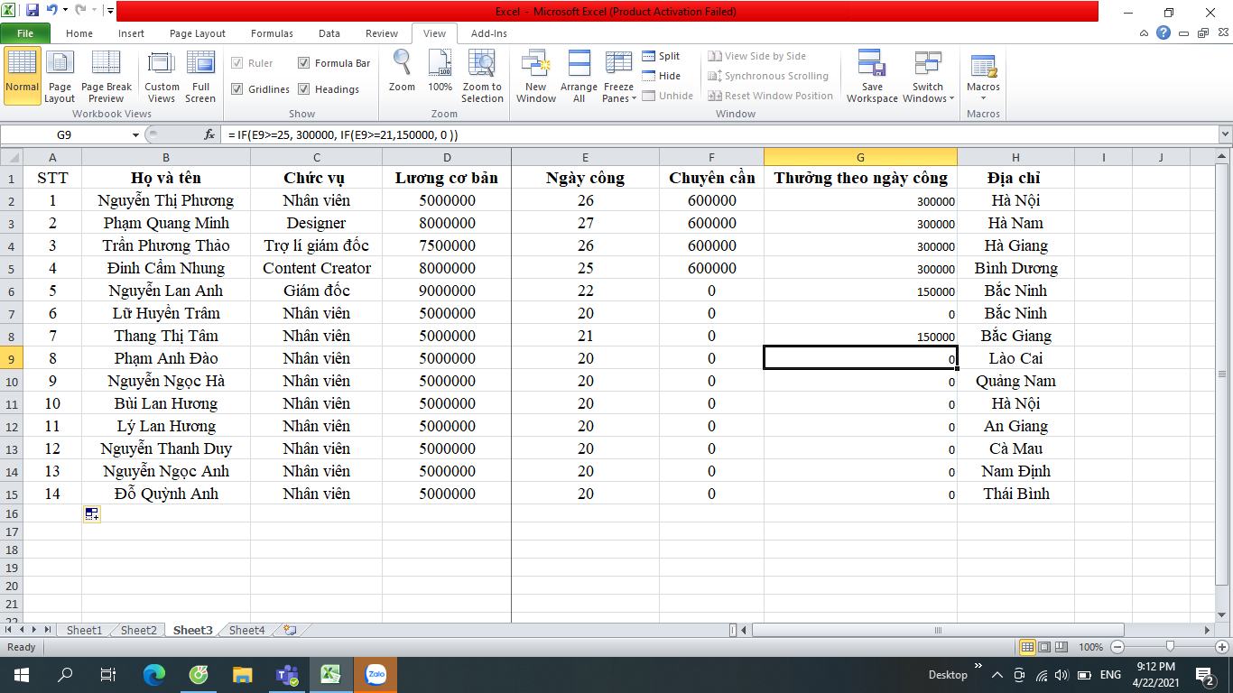 cố định cột trong Excel