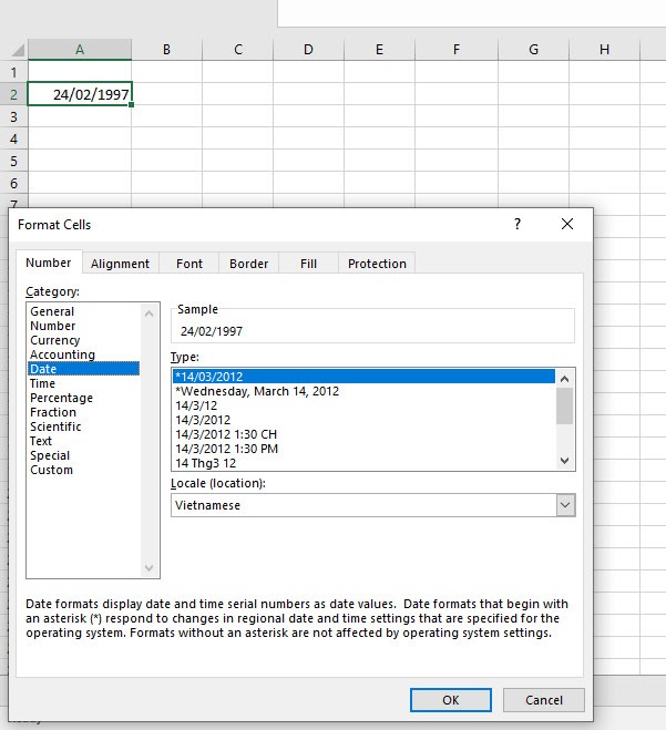 định dạng ngày tháng trong excel