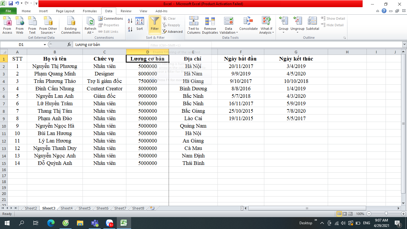 lọc dữ liệu trong excel