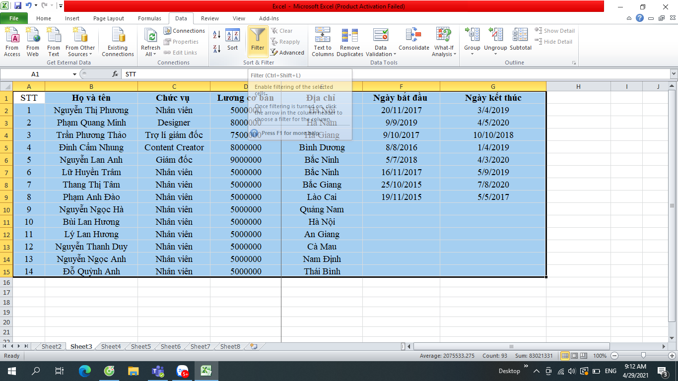 lọc dữ liệu trong excel