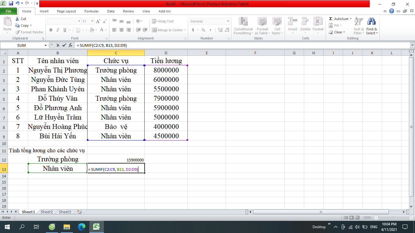 Hàm sumif trong excel, hàm sumif