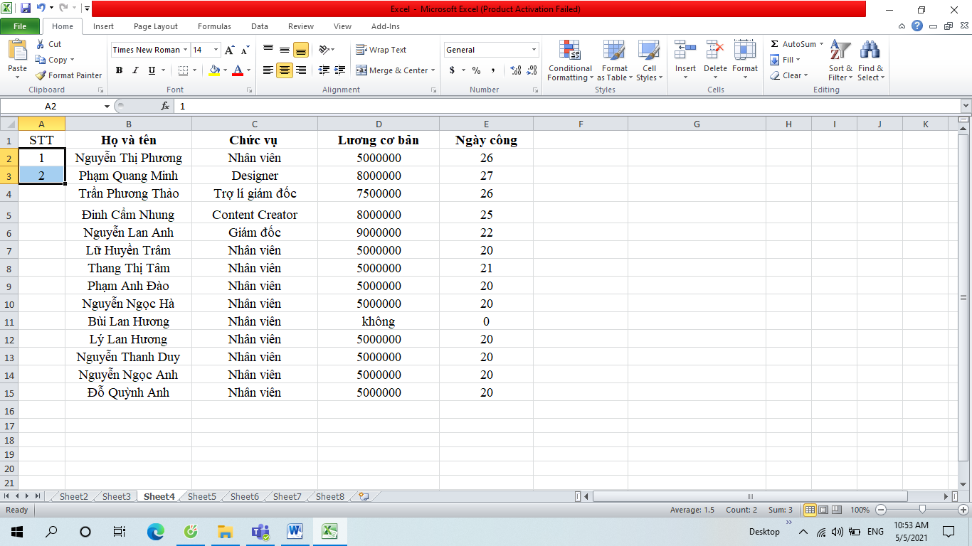 đánh số thứ tự trong excel