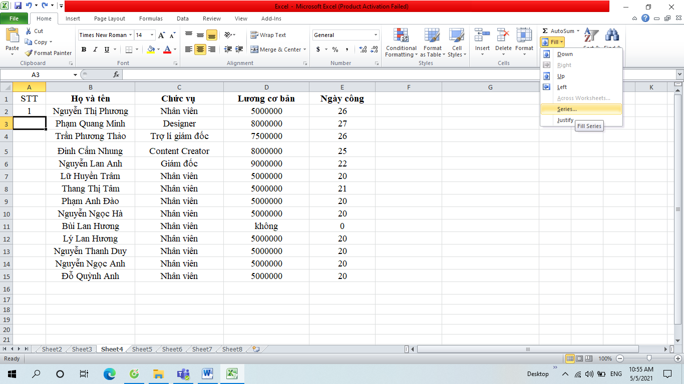 đánh số thứ tự trong excel