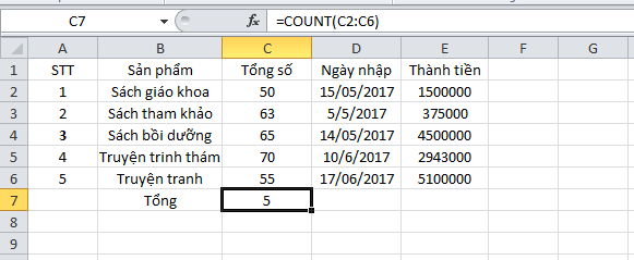 hàm đếm trong excel