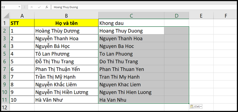 bỏ dấu trong excel