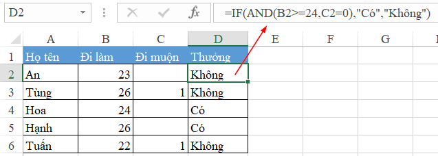 hàm and trong excel