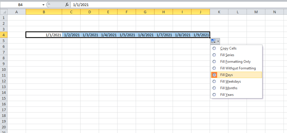 cách kéo ngày tăng dần trong excel