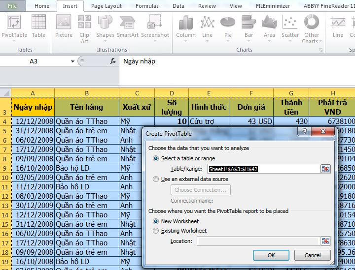 cách tạo pivottable từ nhiều sheet