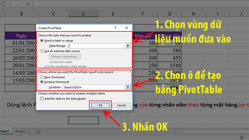 cách tạo pivottable từ nhiều sheet