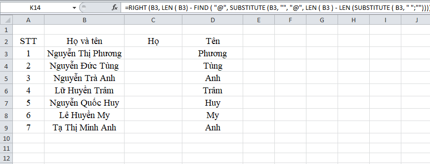 tách tên trong excel