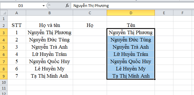 tách tên trong excel