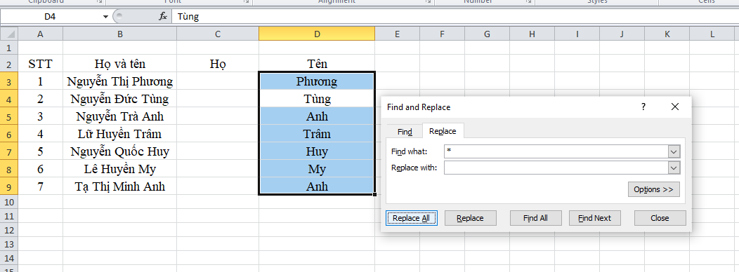 tách tên trong excel