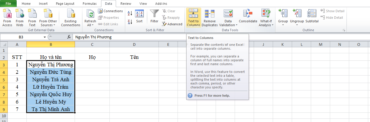 tách tên trong excel
