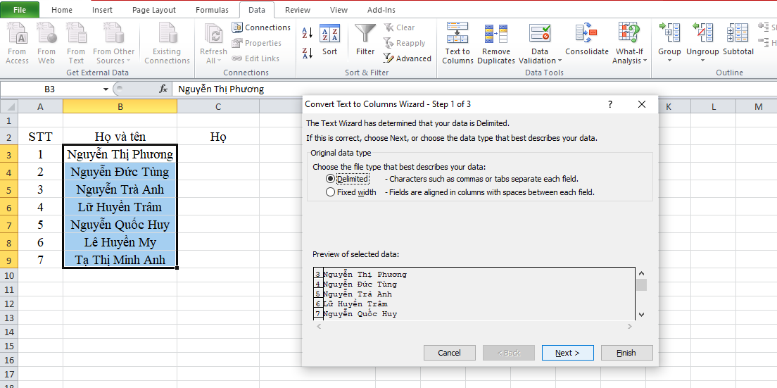 tách tên trong excel