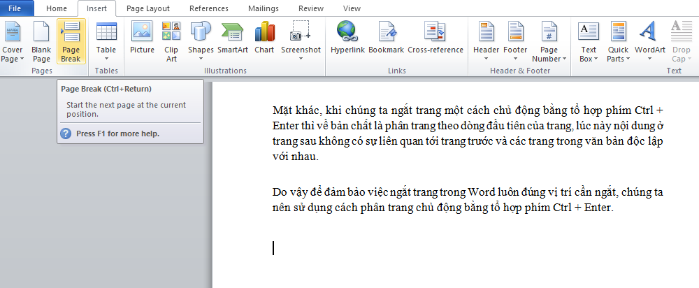 ngắt trang trong word