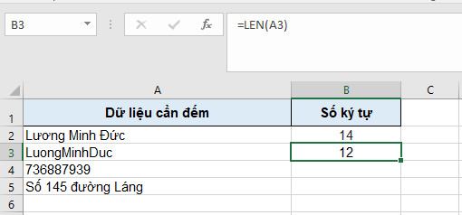 hàm len trong excel