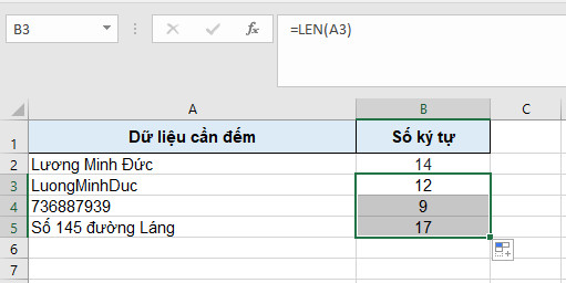 hàm len trong excel