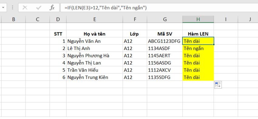 hàm len trong excel