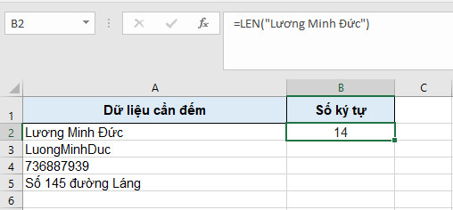 hàm len trong excel