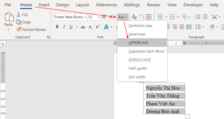 chuyển chữ thường thành chữ hoa trong excel