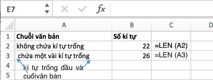 hàm đếm ký tự trong excel