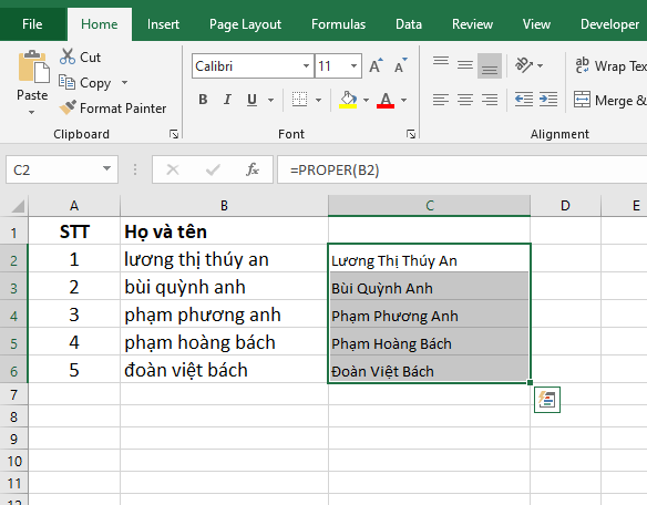 viết hoa chữ cái đầu trong excel