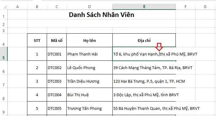 lệnh xuống dòng trong excel