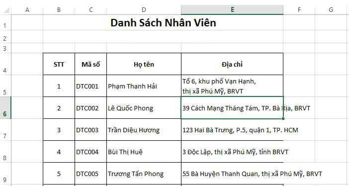 lệnh xuống dòng trong excel