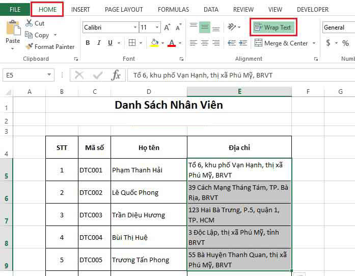 lệnh xuống dòng trong excel